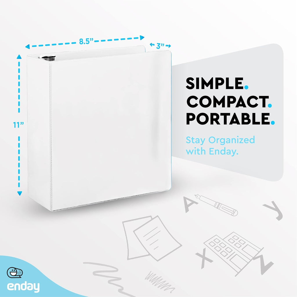 3 Inch Binder 3 Ring Binders White, Slant D-Ring 3” Clear View Cover with 2 Inside Pockets, Heavy Duty Colored School Supplies Office and Home Binders, 6 Pack – by Enday