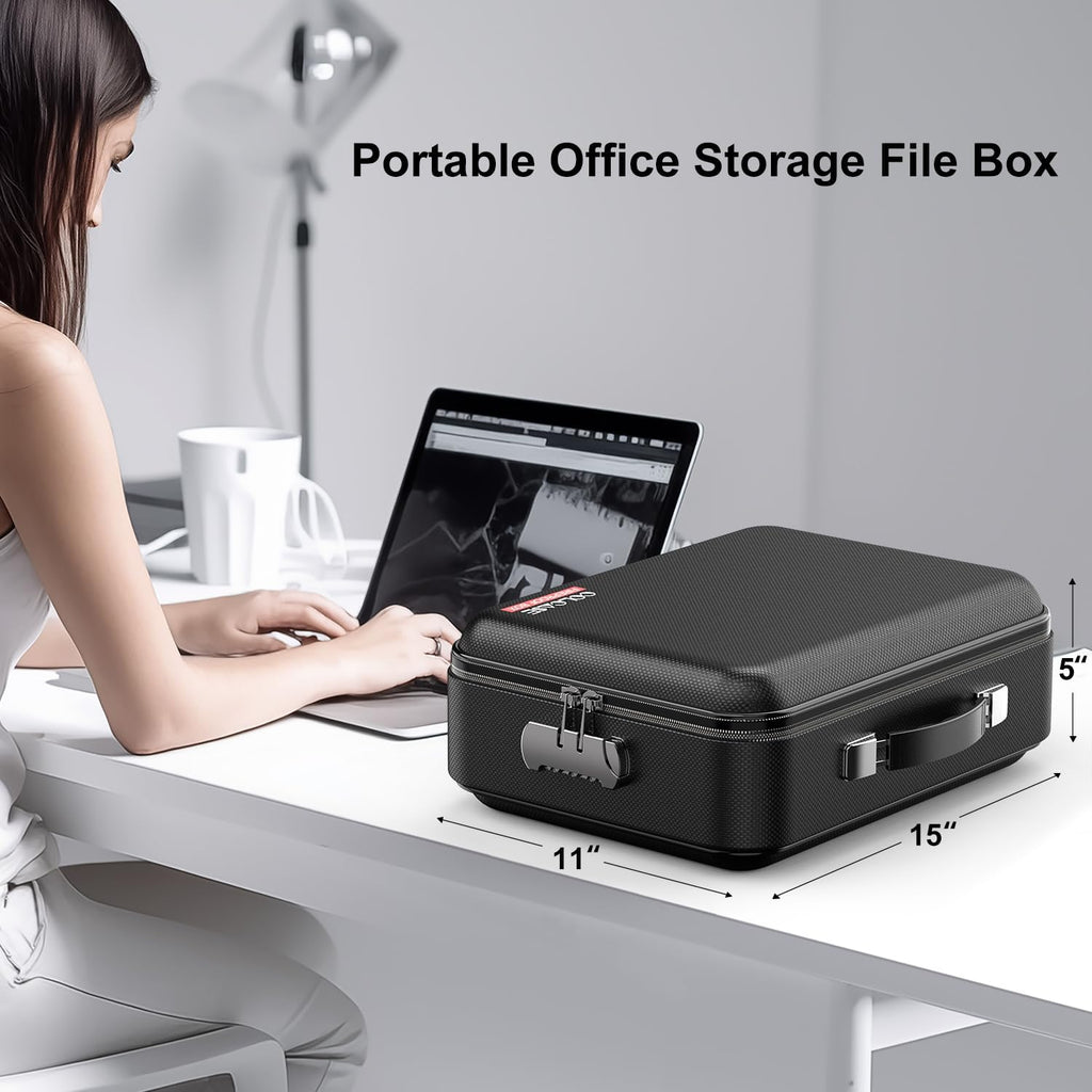 Fireproof Document Box, Hard Case Fireproof Box with Lock Hard-Shell Design Fireproof Water Resistant Safe Box File Organizer for Important Documents Certificates Laptop Passports Black