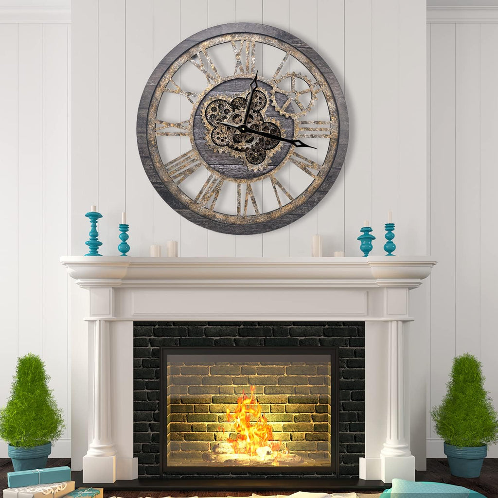 The B-Style Large Wall Clock 18 inch Moving Gear Wall Clock Oversized Vintage Farmhouse Wall Clocks for Living Room Decor Rustic Industrial Wood Clock (Carbon Gray)