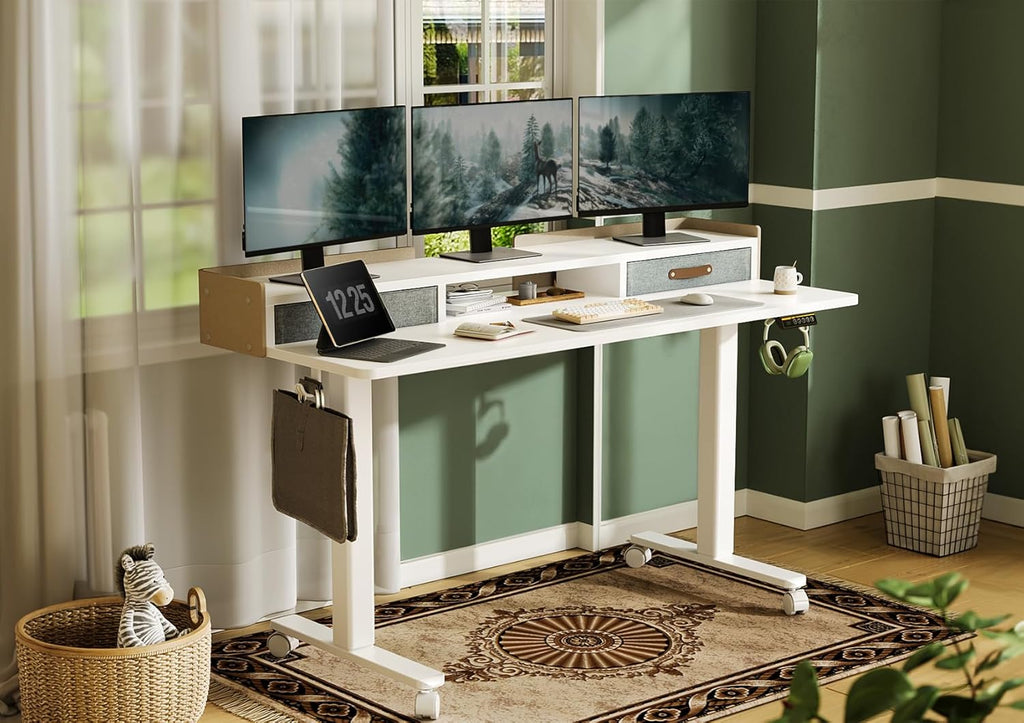 Claiks Standing Desk with Drawers, Adjustable Stand Up Electric Standing Desk Adjustable Height with Storage Shelf and Splice Board, 59 Inch, White