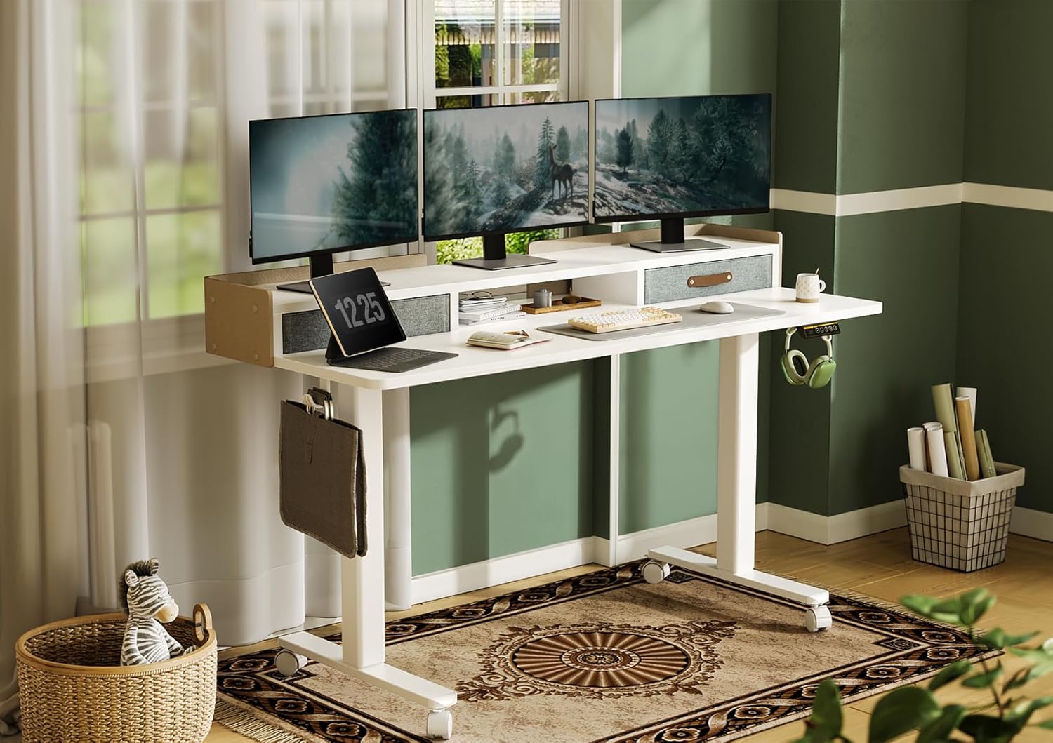 Claiks Standing Desk with Drawers, Adjustable Stand Up Electric Standing Desk Adjustable Height with Storage Shelf and Splice Board, 59 Inch, White