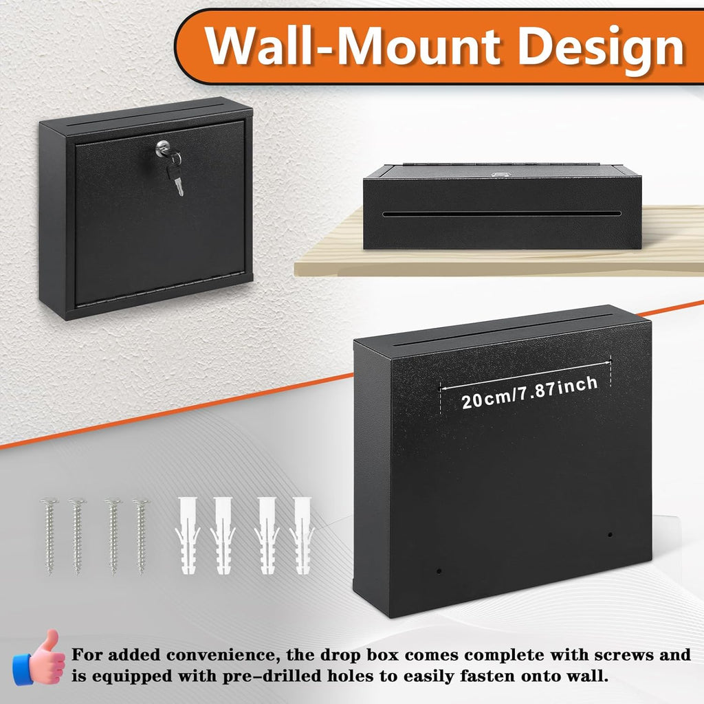KYODOLED Suggestion Box with Lock and Slot, Wall Mounted Small Mailbox for Office, Key Drop Box with 50 Free Suggestion Cards, Safe Lock Box, Ballot Box, Donation Box, 3W x 10H x 12L Inch, Black