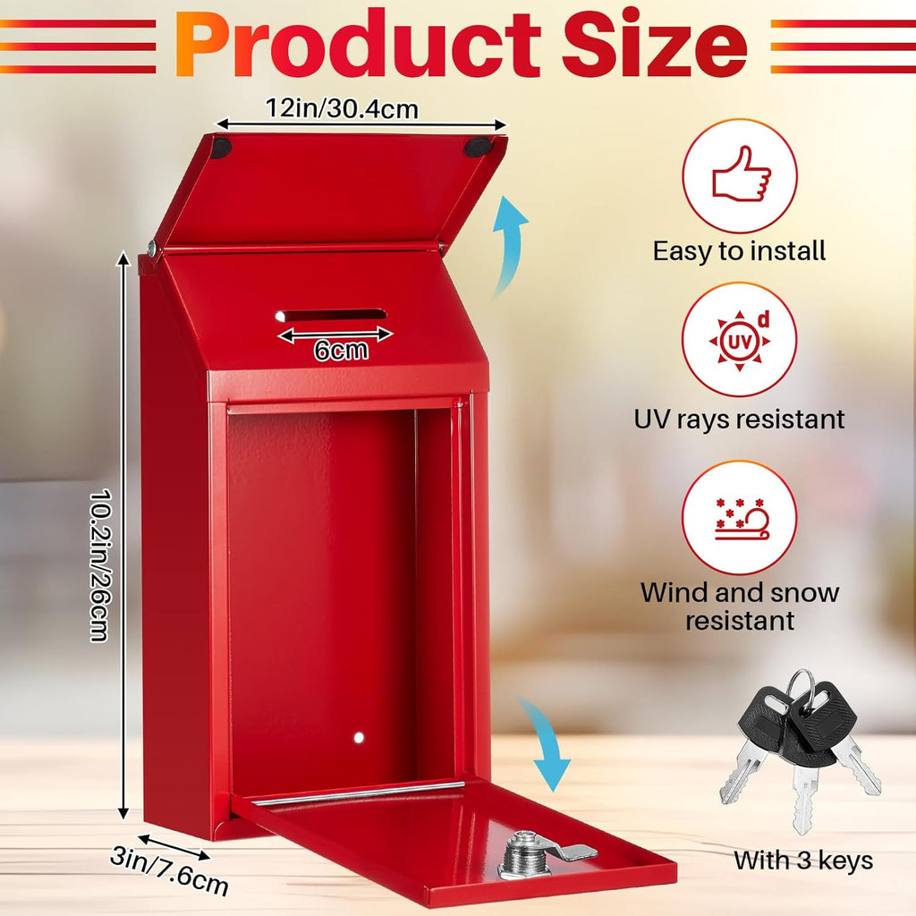 Metal Donation Box Collection Safe Suggestion Box with Slot and Lock Waterproof Wall Mounted Mailbox Money Container Lock Key for Home Outdoor Door, 10.2 x 5.7 x 3 Inch(Red)
