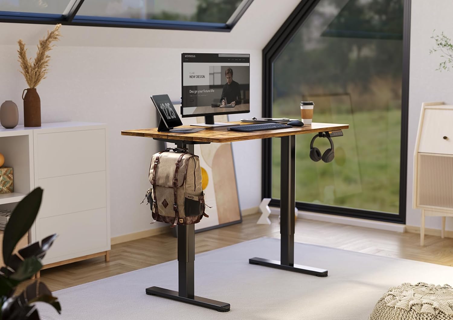 Claiks Electric Standing Desk, Adjustable Height Stand up Desk, 24x48 Inches Sit Stand Home Office Desk with Splice Board, Black Frame/Rustic Brown Top