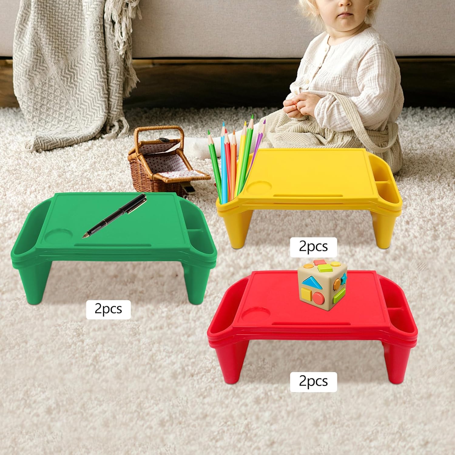 6 Pack Kids Lap Desk Tray with Storage Slots, Portable Lap Desk, Activity Tray, Drawing, Stackable, Writing, Eating, Classroom, 19.69" L x 9.84" W x 7.1" H (Red+Green+Yellow)