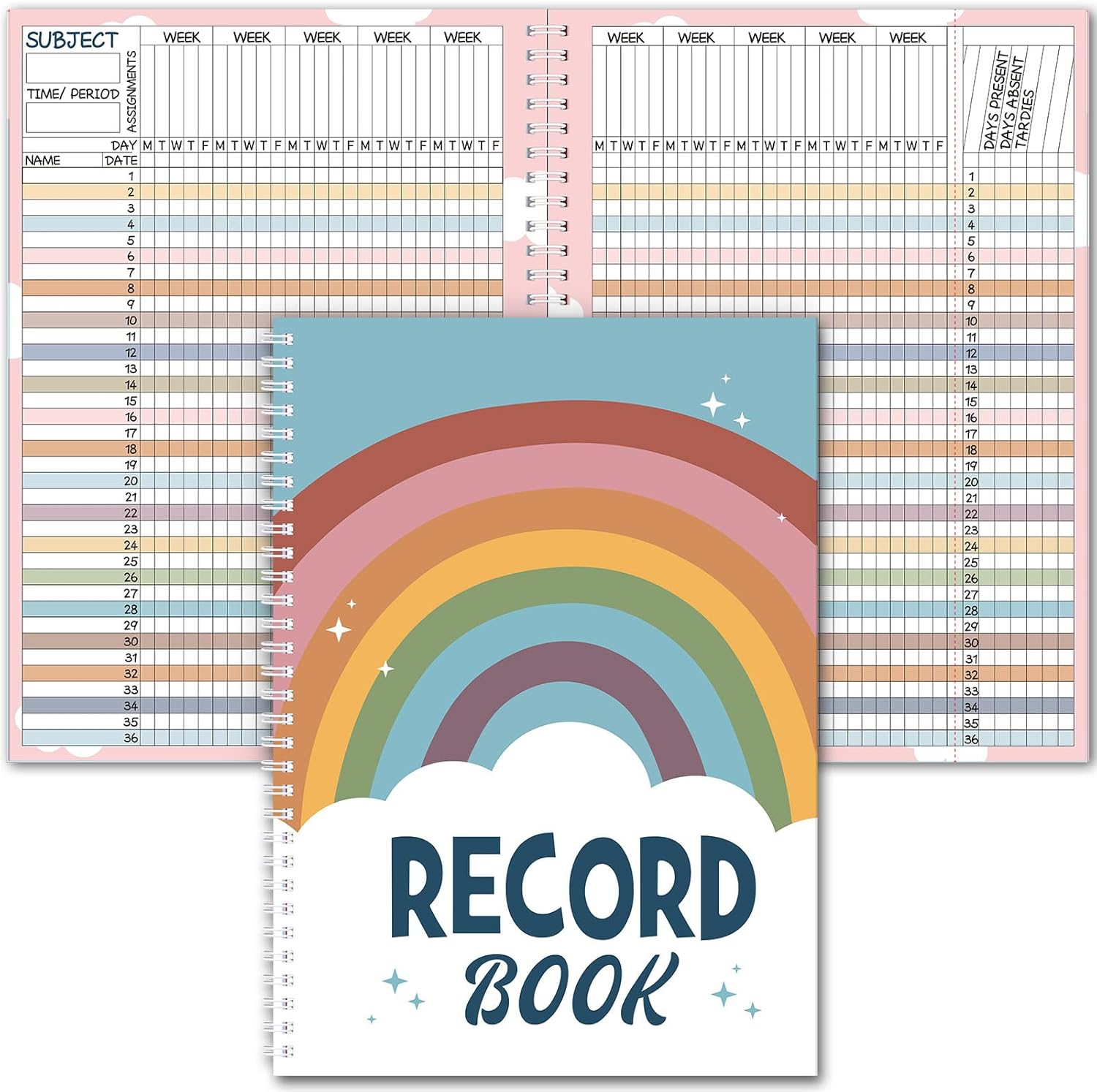 Teacher Record Book Teacher Grade Books 2025-2026 Spiral Bound Record Class Grade Book Office Favors Gift for Classroom Attendance Supplies Decoration Double Sided(Rainbow)