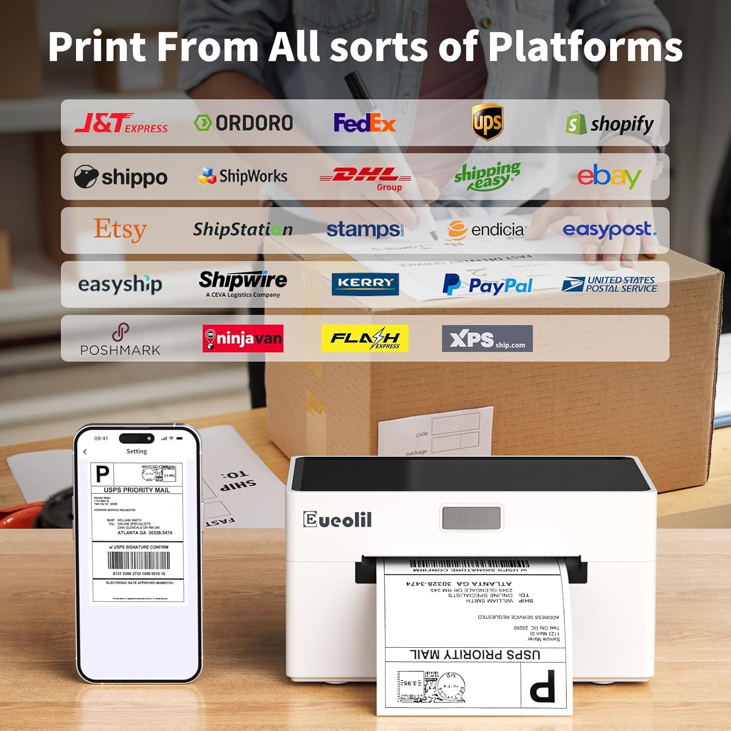 Bluetooth Thermal Label Printer Compatible with Android、iPhone、Windows＆Mac,Maximum Support 4×6 Thermal Label Paper,Widely Used for Home＆Small Businesses and Shipping Label