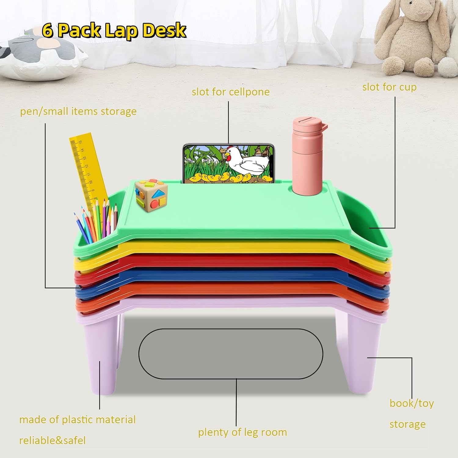 6 Pack Kids Lap Desk Tray with Storage Slots, Portable Lap Desk, Activity Tray, Drawing, Stackable, Writing, Eating, Classroom, 19.69" L x 9.84" W x 7.1" H