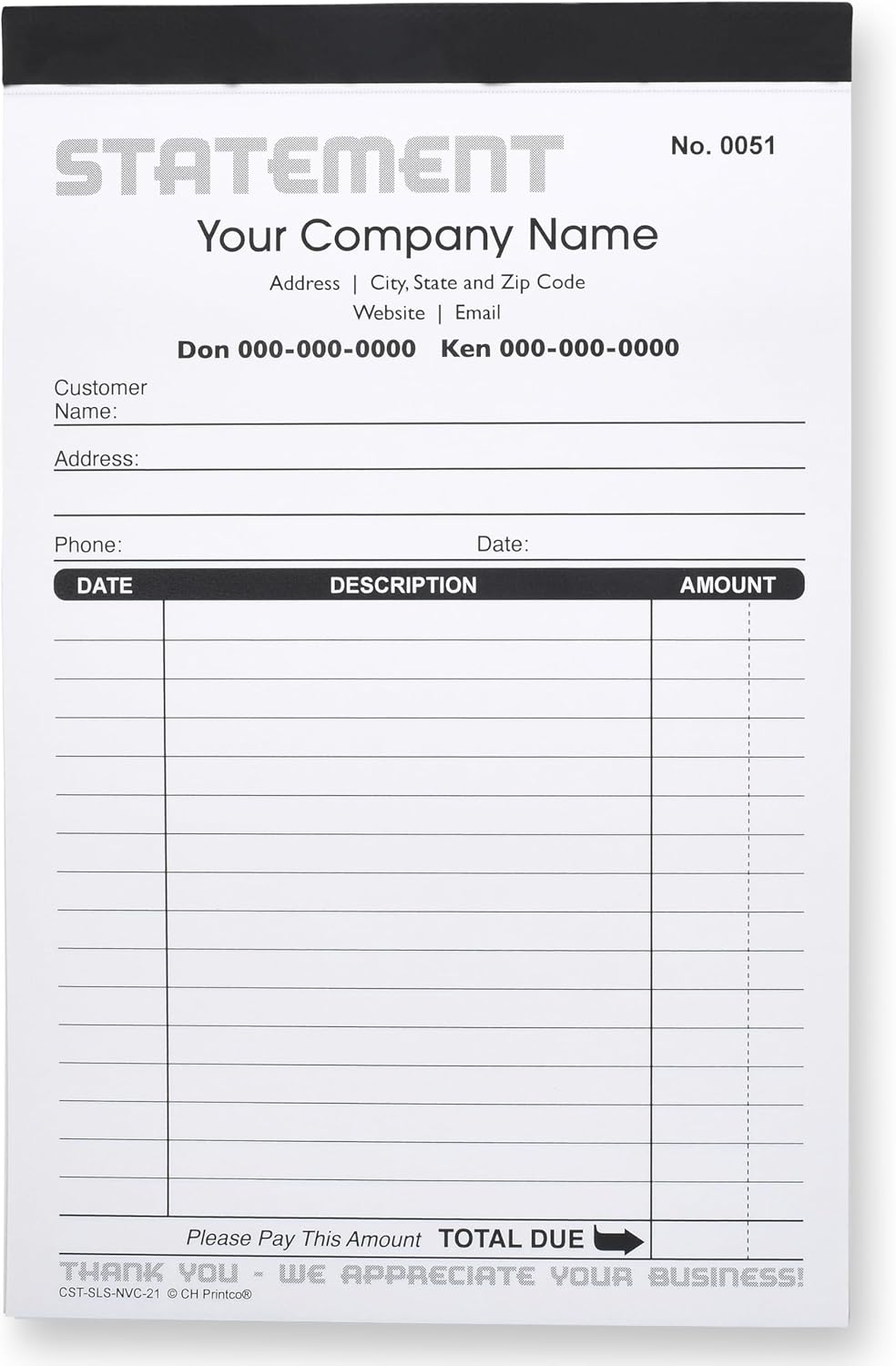 Generic Custom Statement - Personalized Duplicate Carbonless Form with Your Company Name - 2 Books (100 Sets) Numbered