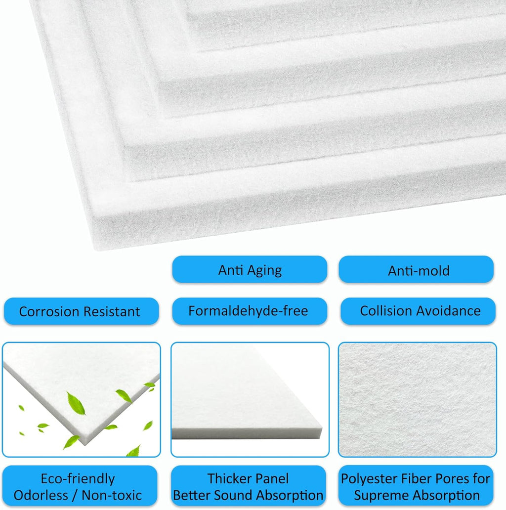 BXI Thickened Sound Absorbing Panels - 12 Pack 12 X 12 X 0.5 Inches Dense Acoustic Panels, Echo Noise Reducing Sound Panels, Tackable Studio Panels for Wall and Ceiling Acoustic Treatment (White)