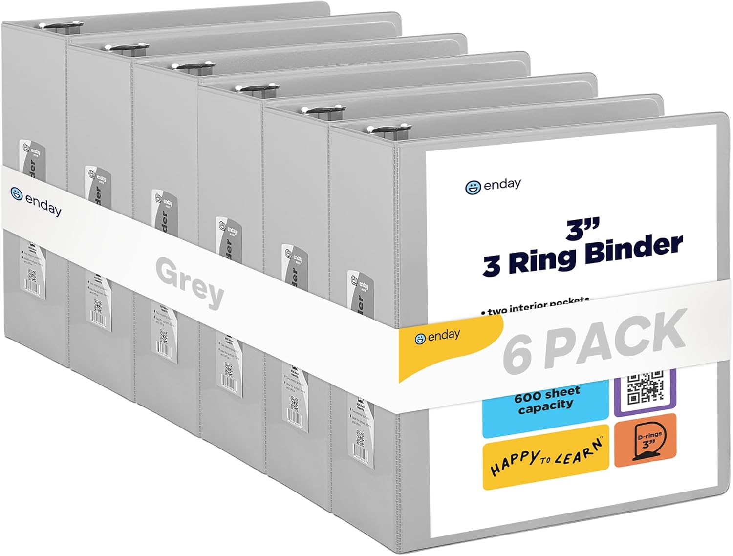 3 Slant D-Ring Binder 3 Inch Grey, 3 in Clear View Cover with 2 Inside Pockets Binder, Heavy Duty Colored School Supplies Binders,Also Available in Green, Red, Purple, Blue, Pink (6 PC) – by Enday