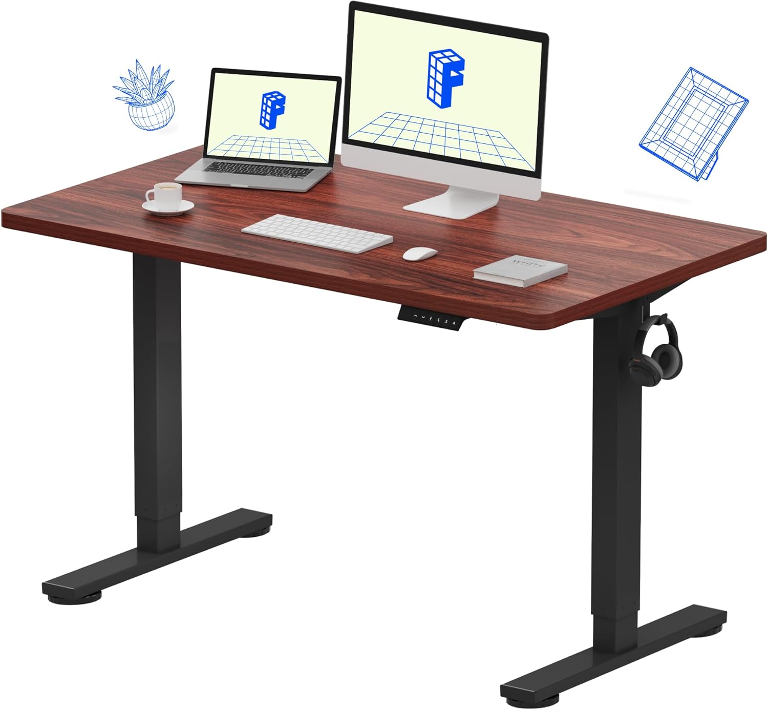 FLEXISPOT EN1 Whole-Piece Standing Desk, 48 x 24 Inches ElectricHeight Adjustable Desk for Home Office (Black Frame + Mahogany Top, 2 Packages)