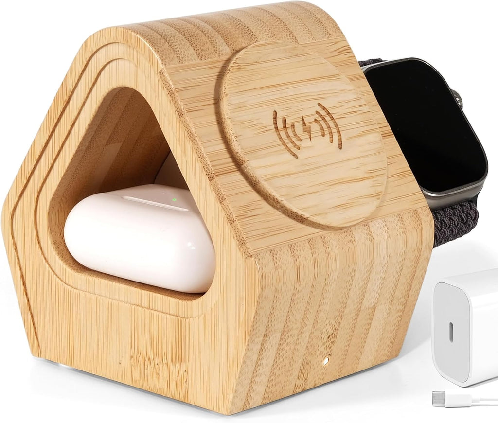 Bamboo Wireless Charging Station for Apple: 3-in-1 Charger Stand with Cabin Style for iPhone 16 15 14 13 12 Series, Apple Watch 10-2, Ultra, and AirPods 4-2, Pro, MagSafe Wireless Charger(20W Adapter)