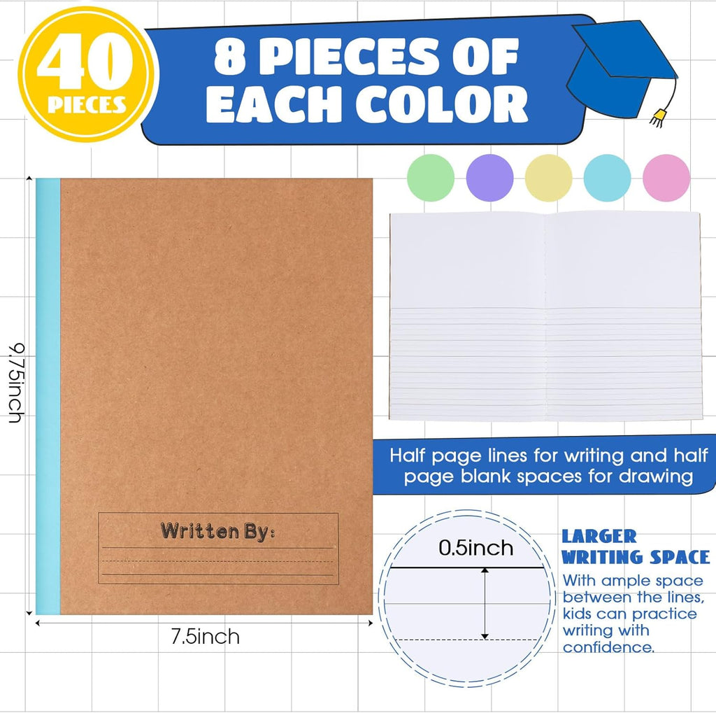 Henoyso 40 Pcs Primary Composition Notebook 9 3/4 x 7 1/2 Inch Kids Journal, Back to School Supplies, K-2 Primary Writing Notebook for Kids Student Draw and Write Story Journal (Macaron Color)