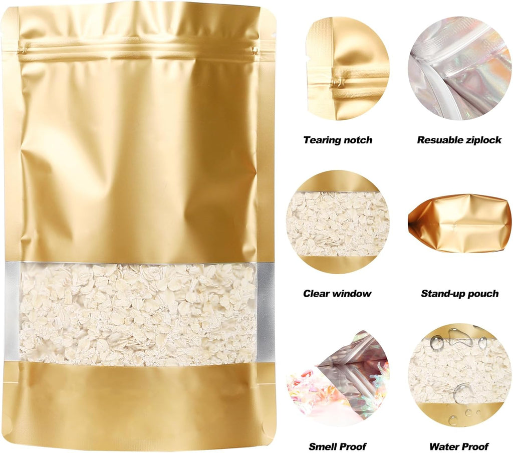 100 Pack Smell Proof Bags, Resealable Mylar Bags with Matte Window, Foil Pouch Stand-up Bags for Food Self Sealing Storage, Scratch Resistant Hand Storage Bags. (Gold, 5.9×8.6 Inch)