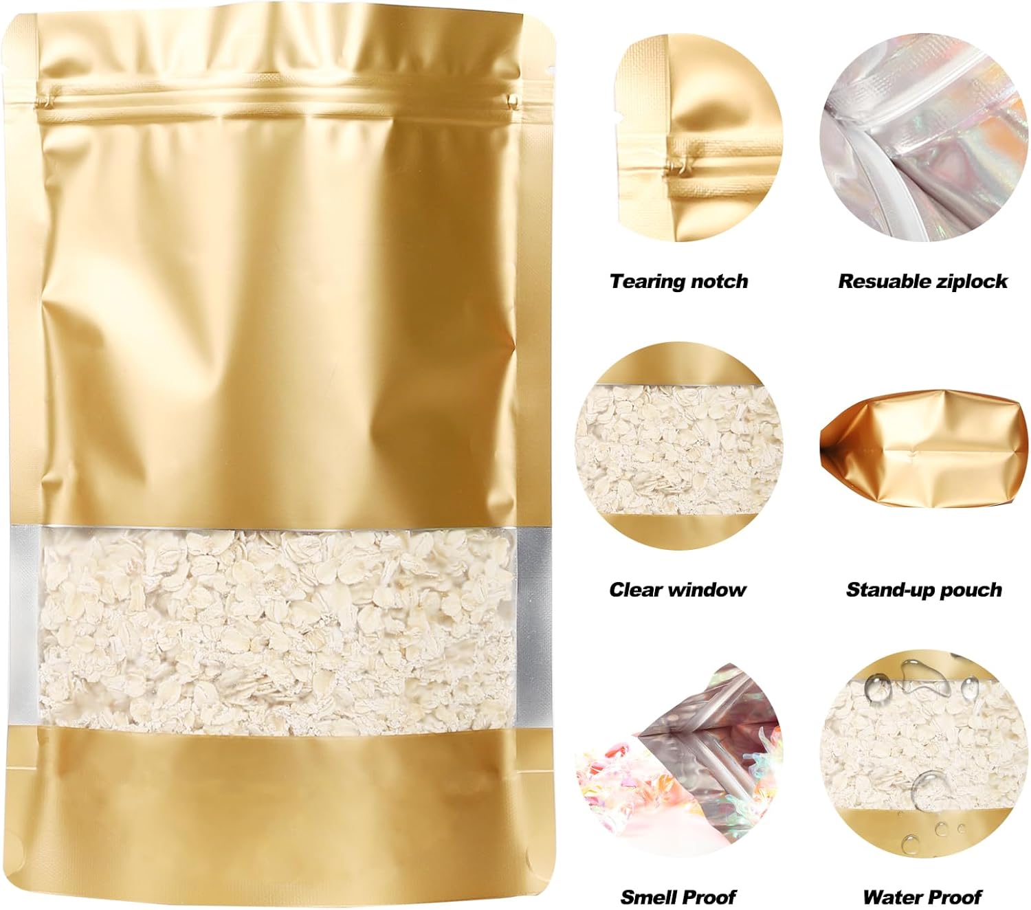 100 Pack Smell Proof Bags, Resealable Mylar Bags with Matte Window, Foil Pouch Stand-up Bags for Food Self Sealing Storage, Scratch Resistant Hand Storage Bags. (Gold, 7×10 Inch)