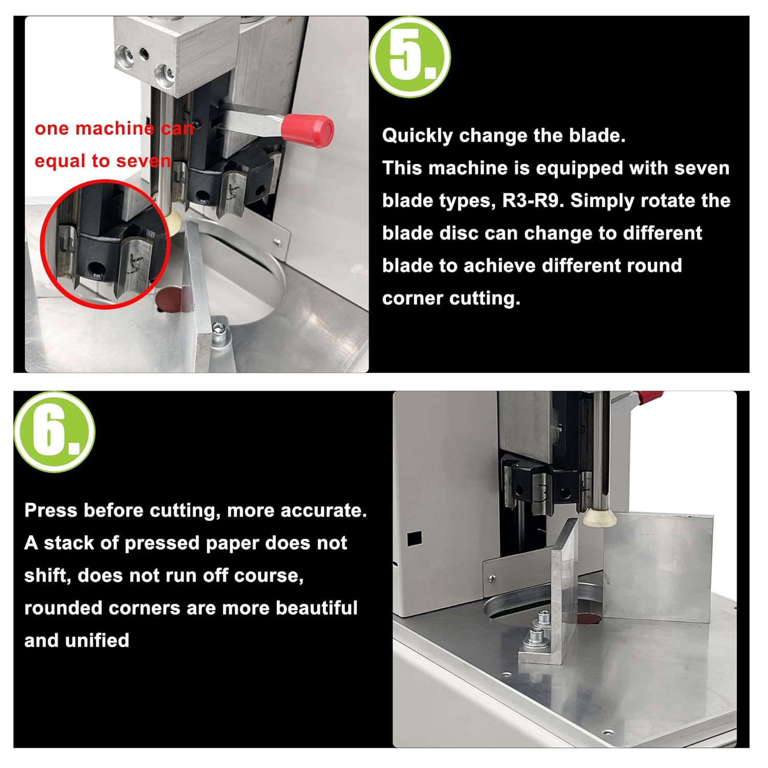 Electric Corner Rounder with Paper Drawer Semi-Automatic Desktop Paper Corner Rounding Cutter with Foot Pedal Cutting Radius R3-R9 7PCS Cutting Dies 110V