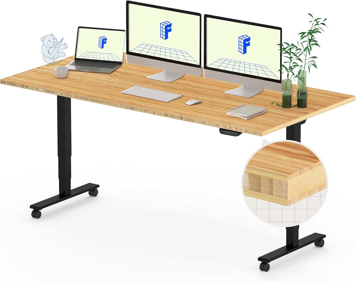 FLEXISPOT E6 MAX Bamboo Dual Motor 3 Stages Standing Desk 60x30 Inch Whole-Piece Board Electric Height Adjustable Stand Up Desk 150KG Load Capacity(Black Frame + Bamboo Desktop)