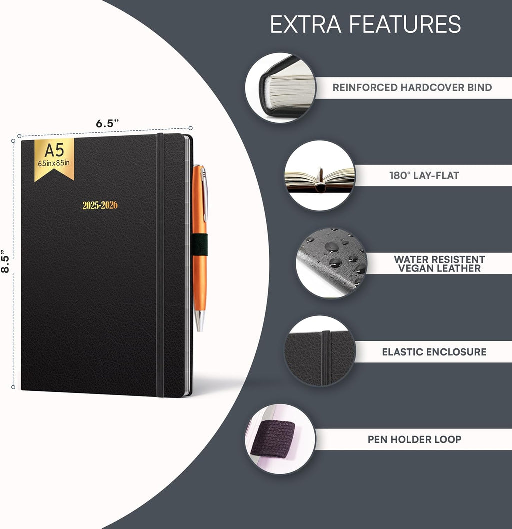 Ensight 2025-2026 HARDCOVER Leather Planner Weekly & Monthly - 6.5x8.5 Inches - Academic Planner Business Personal or Student - Pen Holder, Thick Paper, July 2025 - June 2026 (Black)