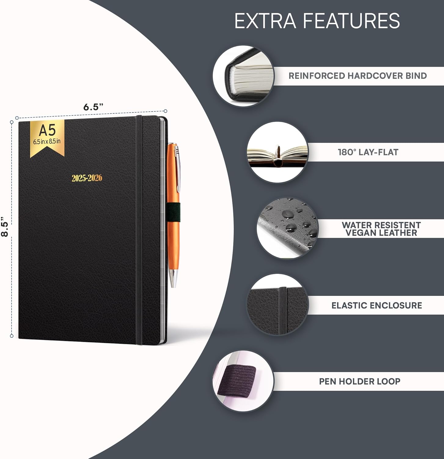 Ensight 2025-2026 HARDCOVER Leather Planner Weekly & Monthly - 6.5x8.5 Inches - Academic Planner Business Personal or Student - Pen Holder, Thick Paper, July 2025 - June 2026 (Black)