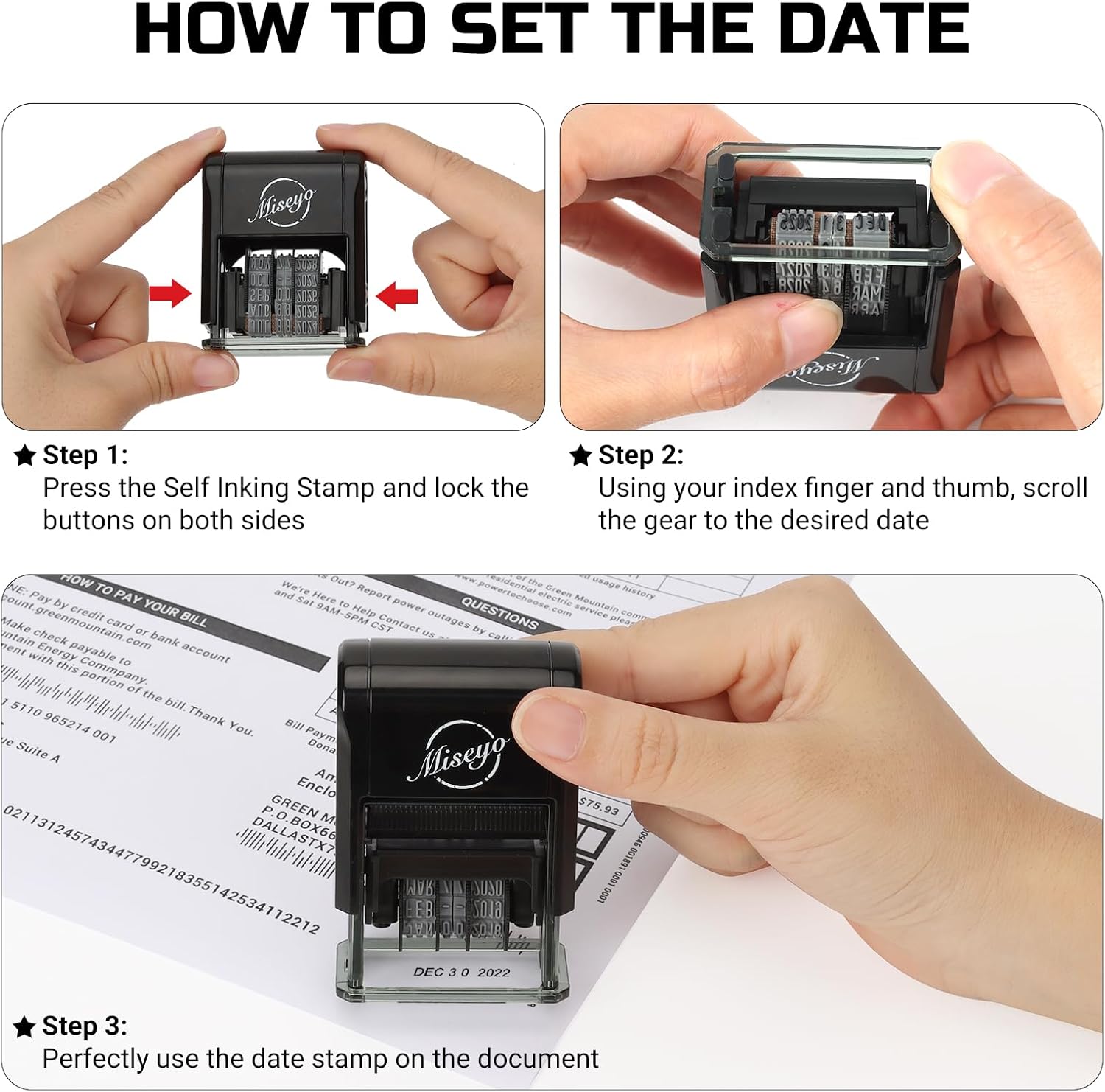 Miseyo Self Inking Date Stamp - Black (2 Black Refill Ink pad Included)