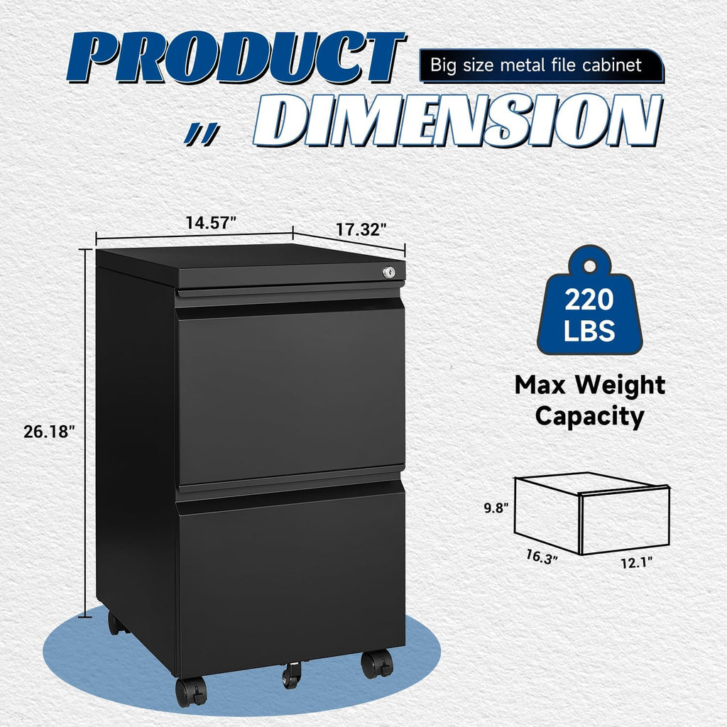2 Drawers Vertical File Cabinet - Fully Assembled Black Under Desk Mobile Filling Cabinet Small Lockable Home Office File Cabinets for A4/Letter/Legal Size
