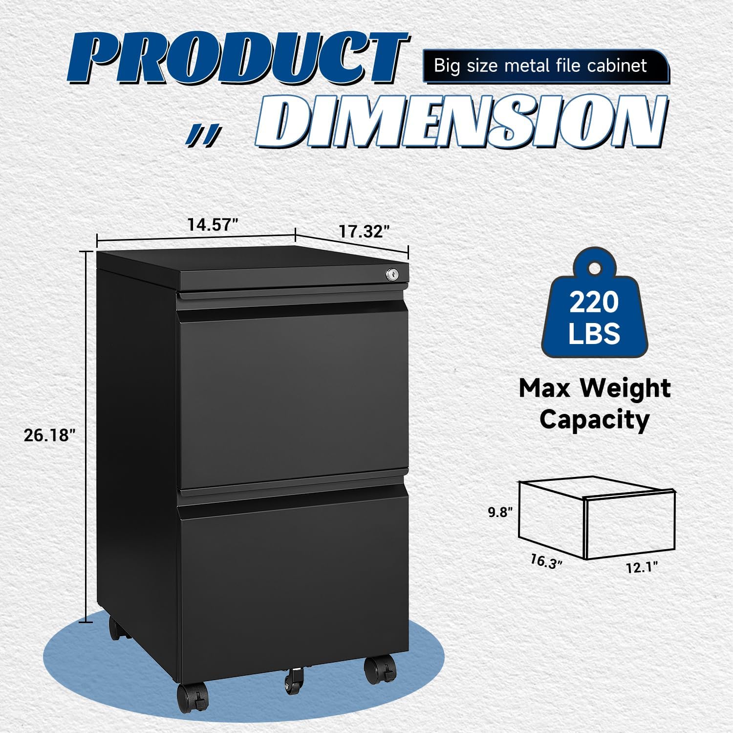 2 Drawers Vertical File Cabinet - Fully Assembled Black Under Desk Mobile Filling Cabinet Small Lockable Home Office File Cabinets for A4/Letter/Legal Size