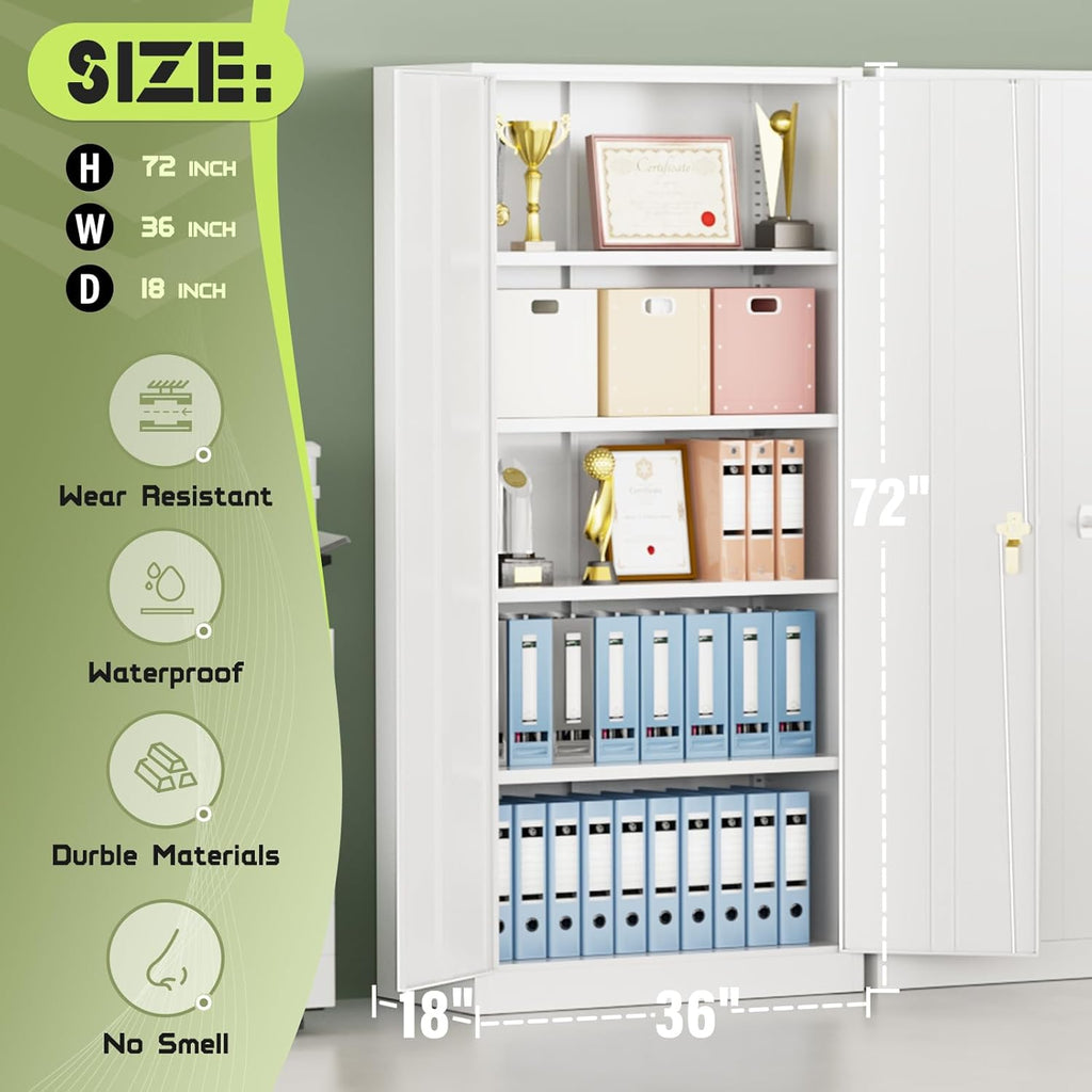 SUNCROWN 72" Metal Storage Cabinet - Heavy-Duty Metal Garage Cabinet with 4 Adjustable Shelves & 2 Doors for Tools, Office, Home, Workshop,White