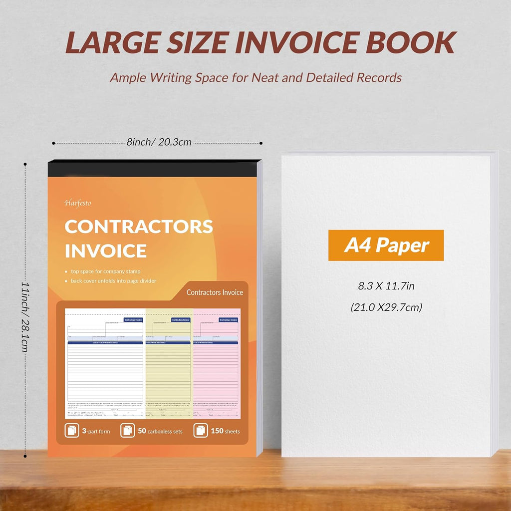 Large Contractor Invoice Book, Invoice Receipt Book for Small Business, 3 Part Carbonless Work Order Estimate Forms, 8x11 in, 200 Sets (4 Books)