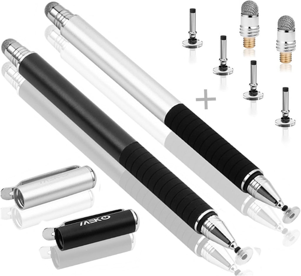 MEKO(2 Pcs)[2 in 1 Precision Series] Disc Stylus/Styli for All Touch Screen Devices Bundle with 4 Replaceable Disc Tips, 2 Replaceable Fiber Tips- (Black/Silver)