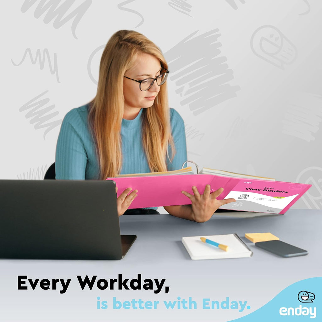 ½ Inch 3 Ring Binder Pink, .5 Inch Round Ring Clear View Cover with 2 Inside Pockets Binders, Colored School Supplies Binders, Also Available in Purple, Red, Green, Blue, and Grey (6 PC) – by Enday