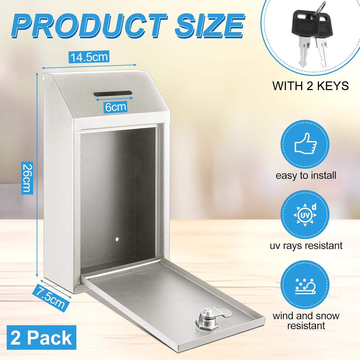 2 Pack Metal Suggestion Boxes with Lock Keys Ballot Donation Boxes with Slot for Fundraising Wall Mounted Mailbox Delivery Container for Home Office Outdoor Door, 10.2x5.7x2.95in(White)