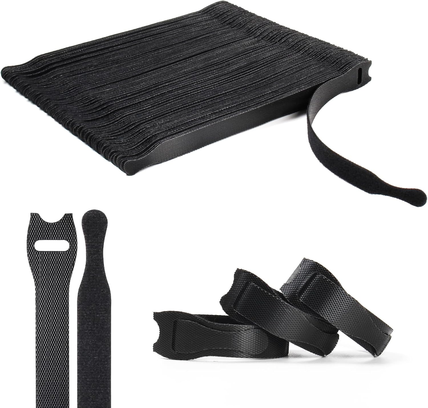 OneLeaf 110PCS Reusable Cable Ties, Adjustable 8-inch Cord Organizer Ties, Multi-purpose Hook Loop Cable Management Wire Ties for Organizing Home, Office, Data Centers, Black