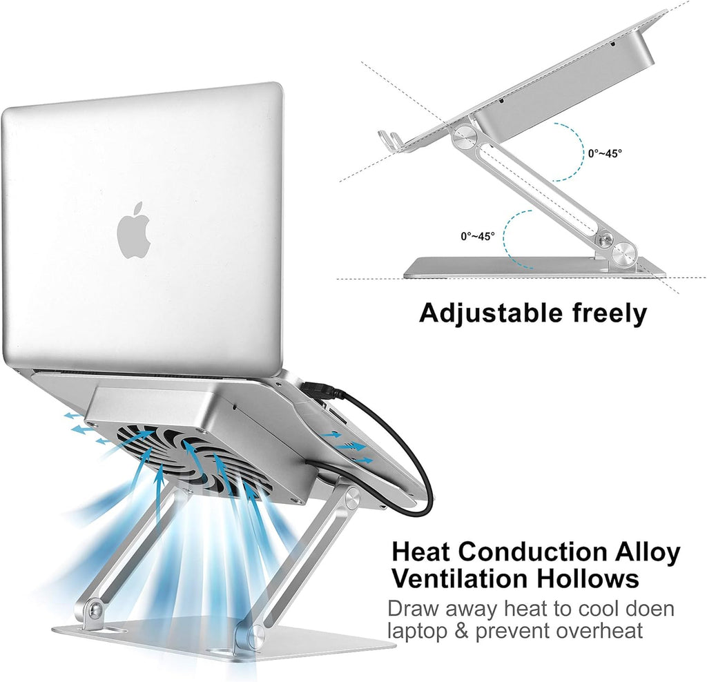 Adjustable Laptop Stand with Cooling Fan, Aluminium Alloy Multi-Angle Computer Holder for Desk, Portable Notebook Metal Mount Compatible with MacBook, Air, Pro, Dell, Alienware All Laptops 11"-17.3"
