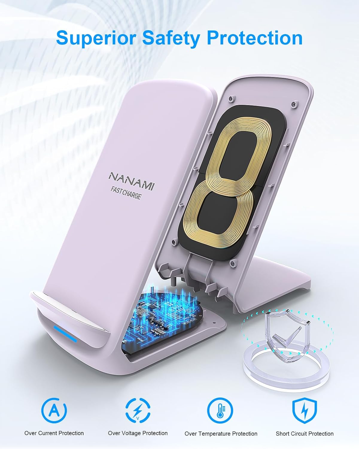 NANAMI Wireless Charger for Samsung and iPhone - 10W Fast Qi-Certified Induction Charger Stand for Galaxy S24/S23/S22/S21/S20/Note 20/10, Wireless Charging Stand for iPhone 17/17 Air/16/15/14/13/12