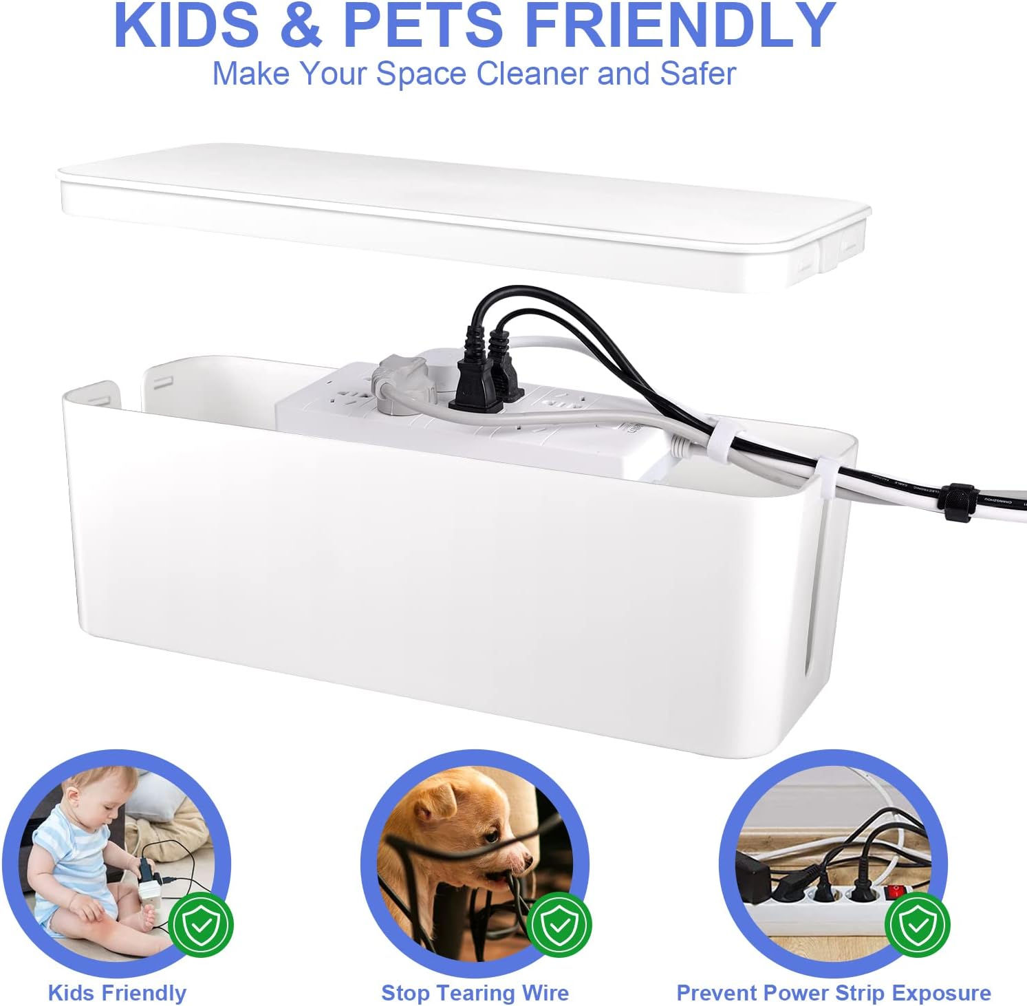 Chouky Cable Organizer Box Set of Three, Power Cover Cord Holder Surge Protector for Desk (White)