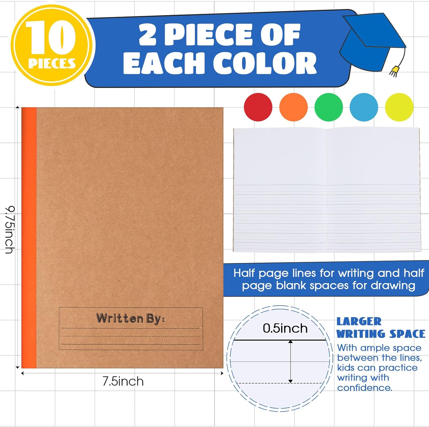 Henoyso 10 Pcs Primary Composition Notebook 9 3/4 x 7 1/2 Inch Kids Journal, Back to School Supplies, K-2 Primary Writing Notebook for Kids Student Draw and Write Story Journal (Bright Color)