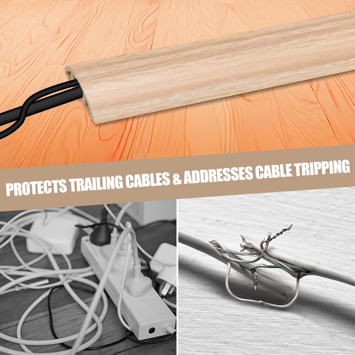 Floor Cord Cover Self Adhesive Cord Hider,10FT Cable Management, Extension Strip Protector for Wires, Prevent Cable Trips for Offices, Gyms, Exhibitions Cavity:0.47"(W) x0.35(H) WoodLightyellow