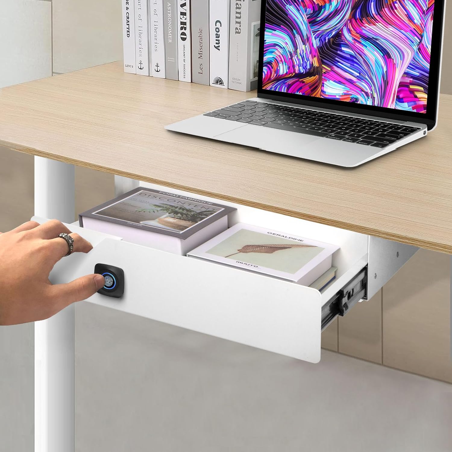 Under Desk Drawer with Lock, 16 inch Under Desk Storage Drawer, Under Desk Mounted Pull Out Drawer with Biometric Lock