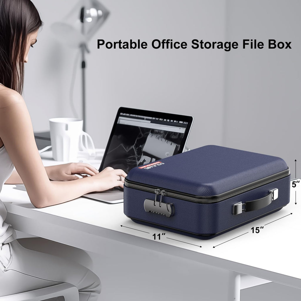 Fireproof File Box, Hard Case Fireproof Document Organizer with Lock Hard-Shell Design Fireproof Water Resistant Safe Box for Important Documents Certificates Laptop Passports Blue