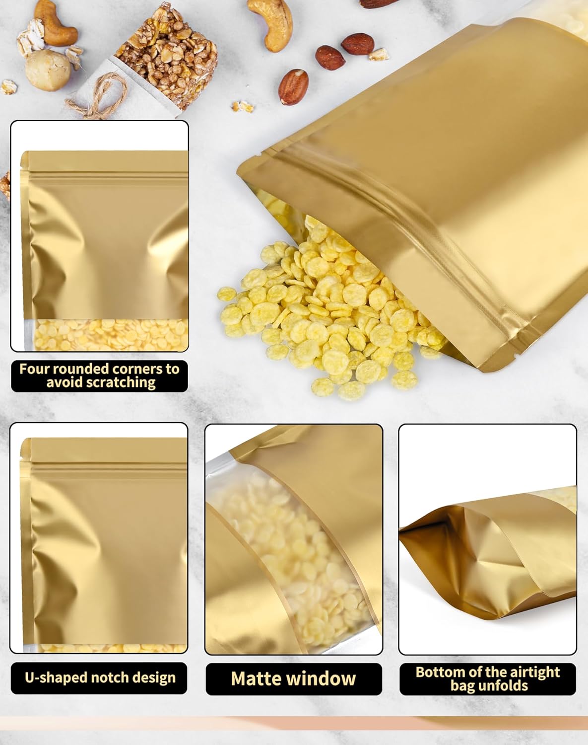 FireKylin 100 Pack Smell Proof Bags 5.5" x 7.8", Resealable Bags with Matte Window, Foil Pouch Stand Up Sealable Bags for Packaging（Gold）