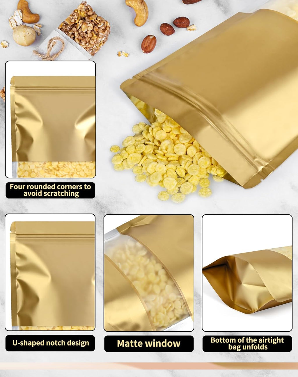 FireKylin 100 Pack Smell Proof Bags 7.9" x 11.8", Resealable Bags with Matte Window, Foil Pouch Stand Up Sealable Bags for Packaging(Gold)