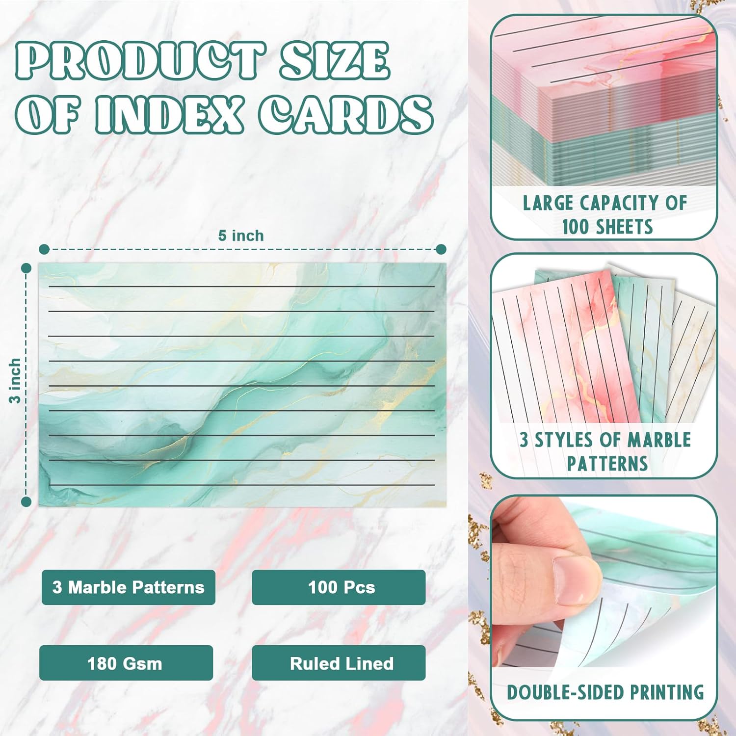 100 Pack Colored Index Cards 3x5 Marble Notecards Lined FlashCards for Studying Heavy Note Cards 180 gsm Memo Cards for Office Home School Supplies