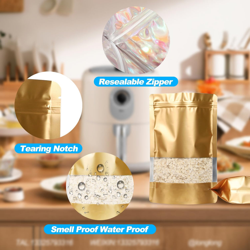 100 Pack Smell Proof Bags, Resealable Mylar Bags with Matte Window, Foil Pouch Stand-up Bags for Food Self Sealing Storage, Scratch Resistant Hand Storage Bags. (Gold, 5.9×8.6 Inch)