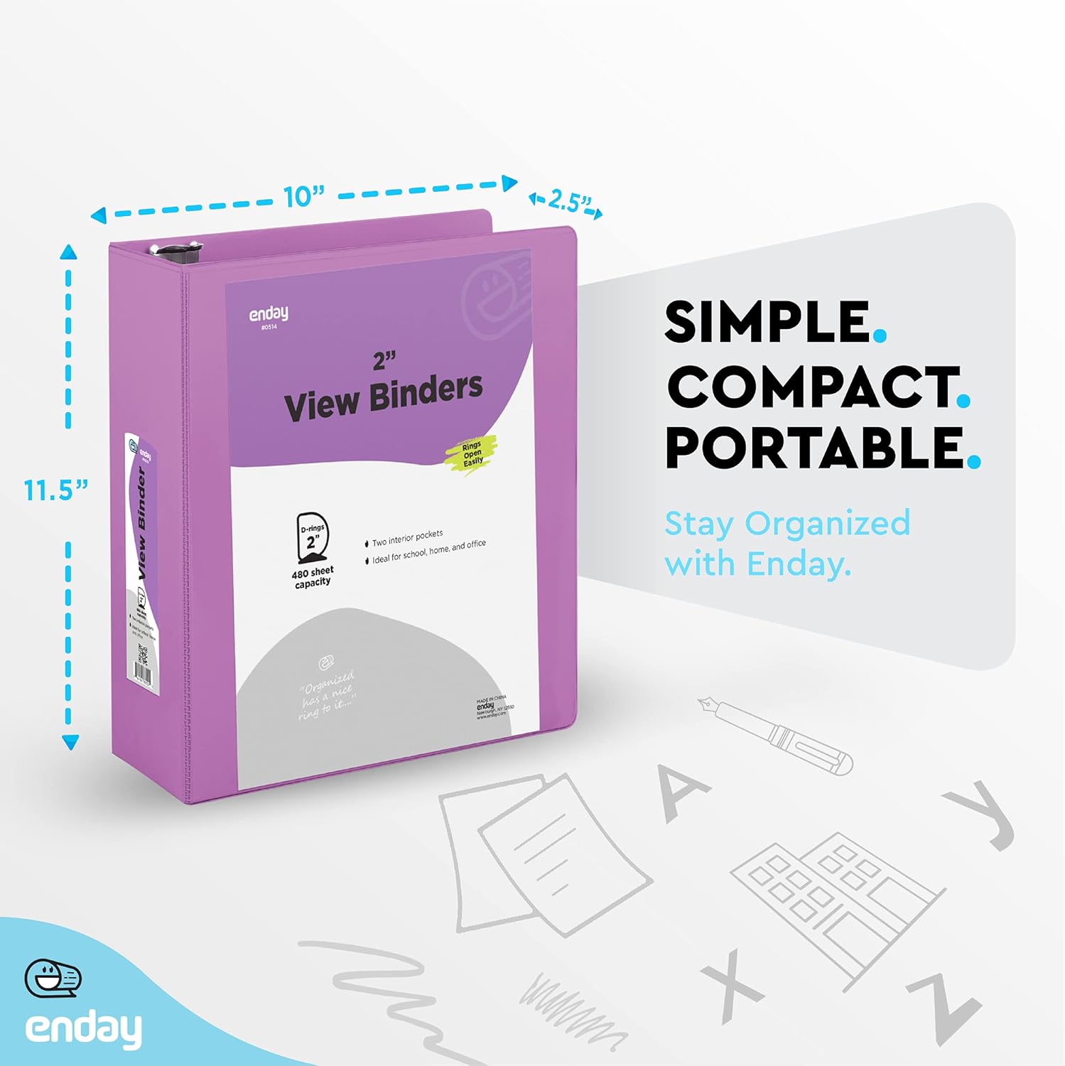 3 Slant D-Ring Binder 2 Inch Binder Purple, 2 in Clear View Cover w/ 2 Inside Pockets, Heavy Duty Colored School Supplies Binders Also Available in Blue, Pink, Red, Green, Grey (24 PC)–by Enday