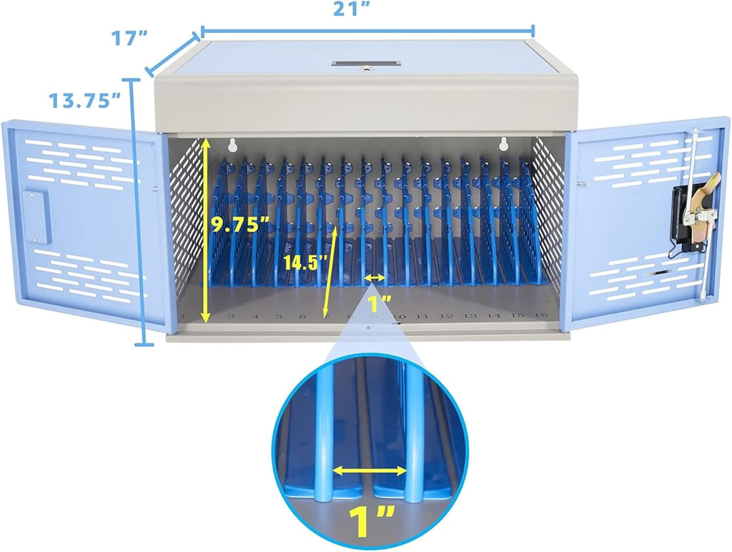 16-Unit Charging Cabinet for Laptops & Tablets - Locking Laptop Storage Box with Cable Management, Charger Storage, and Ground Protection for Classroom, Library, and Office(Blue)