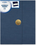 Certificate Holders - Tri-Fold Navy Linen 9.25x12.5 Inches - Embossed Die-Cut 80 lb Cover Stock - Silver Medallion Foil Stamp - Ideal for Awards - 218 GSM Document Holder
