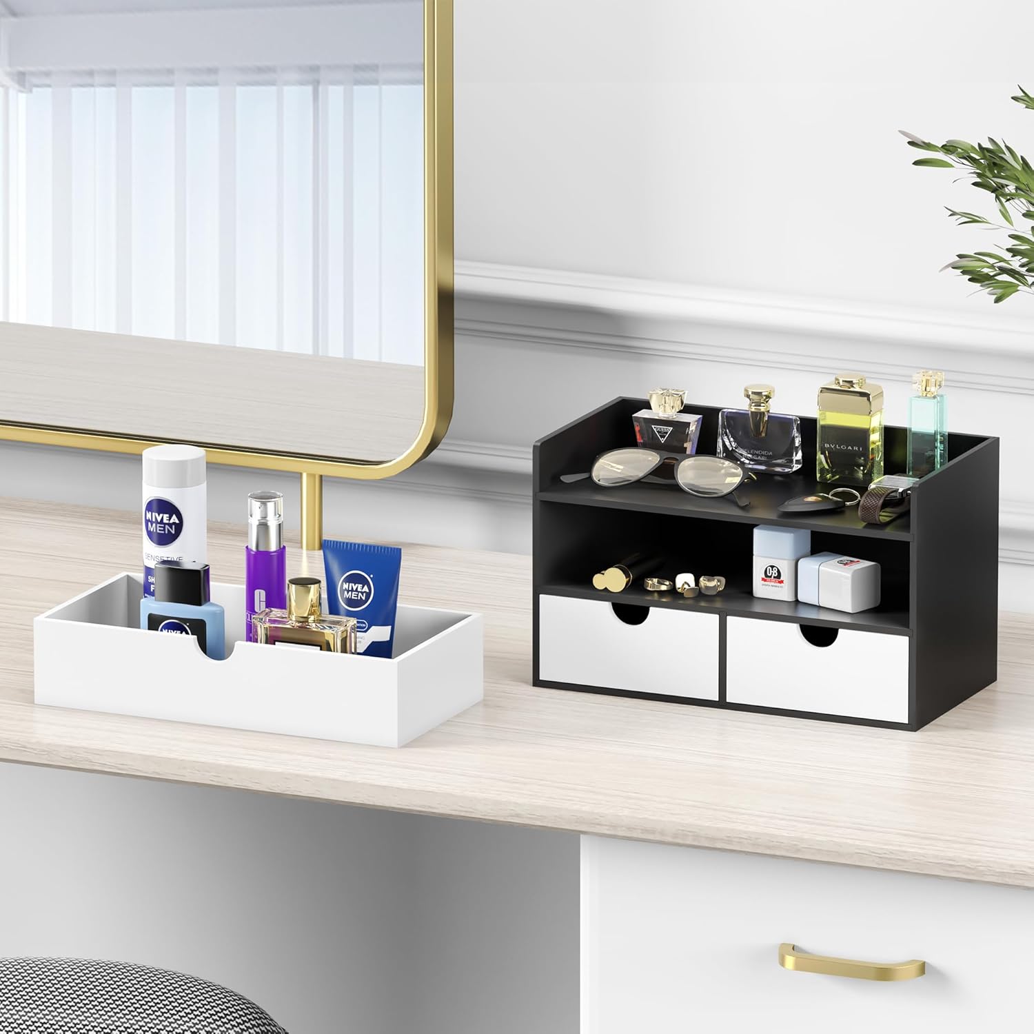 Wisuce Desk Organizer with Drawers - Bamboo Desktop Organizer Storage | Black-White Wood Desk Makeup Dresser Top Organizer for Cosmetics No Assembly Required