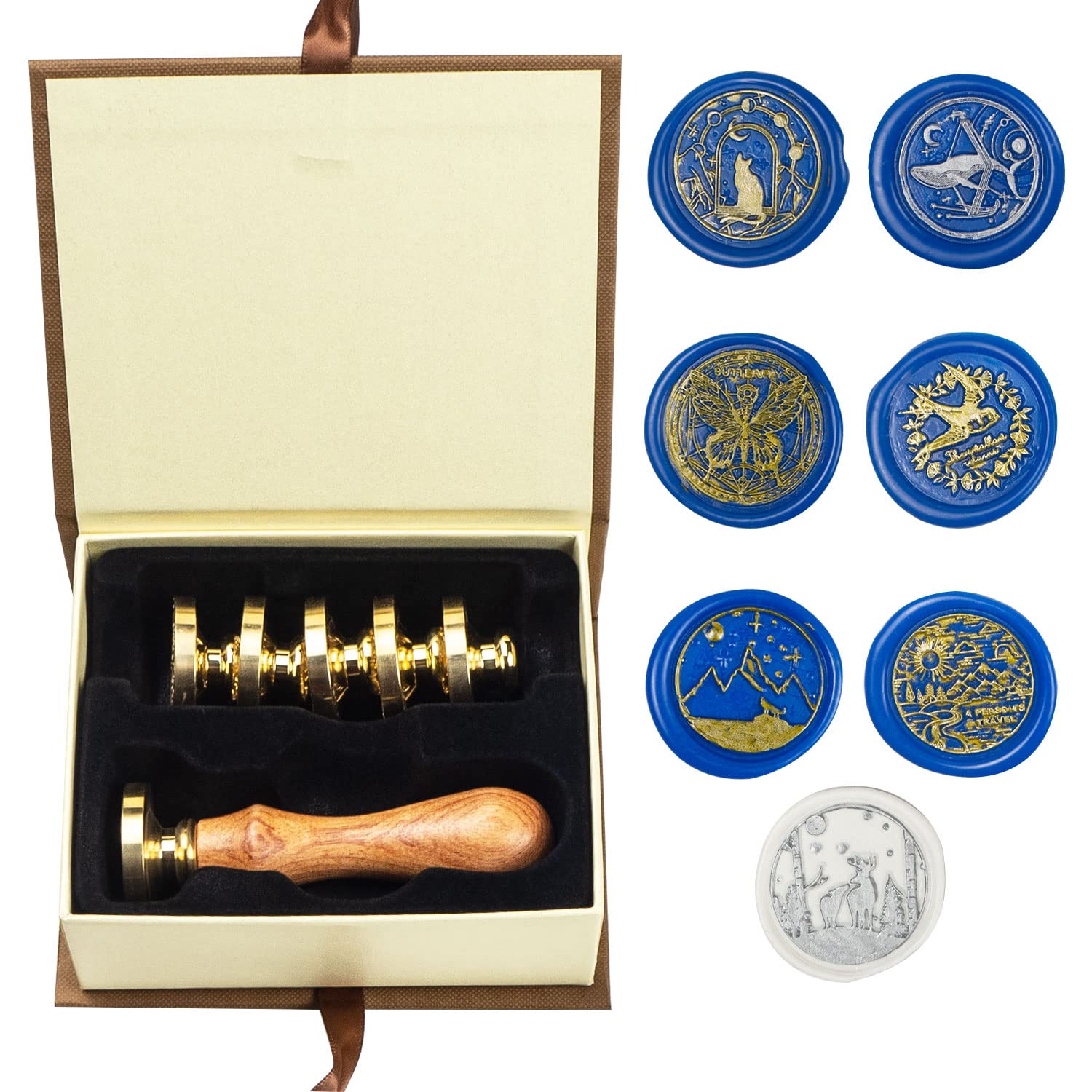 Animal Wax Seal Stamp Set with 7 PCS Removable Brass Heads and 1 Wooden Handle - Cat, Whale, Butterfly, Swallow, Wolf Sealing Wax Stamp for Cards & Invitations