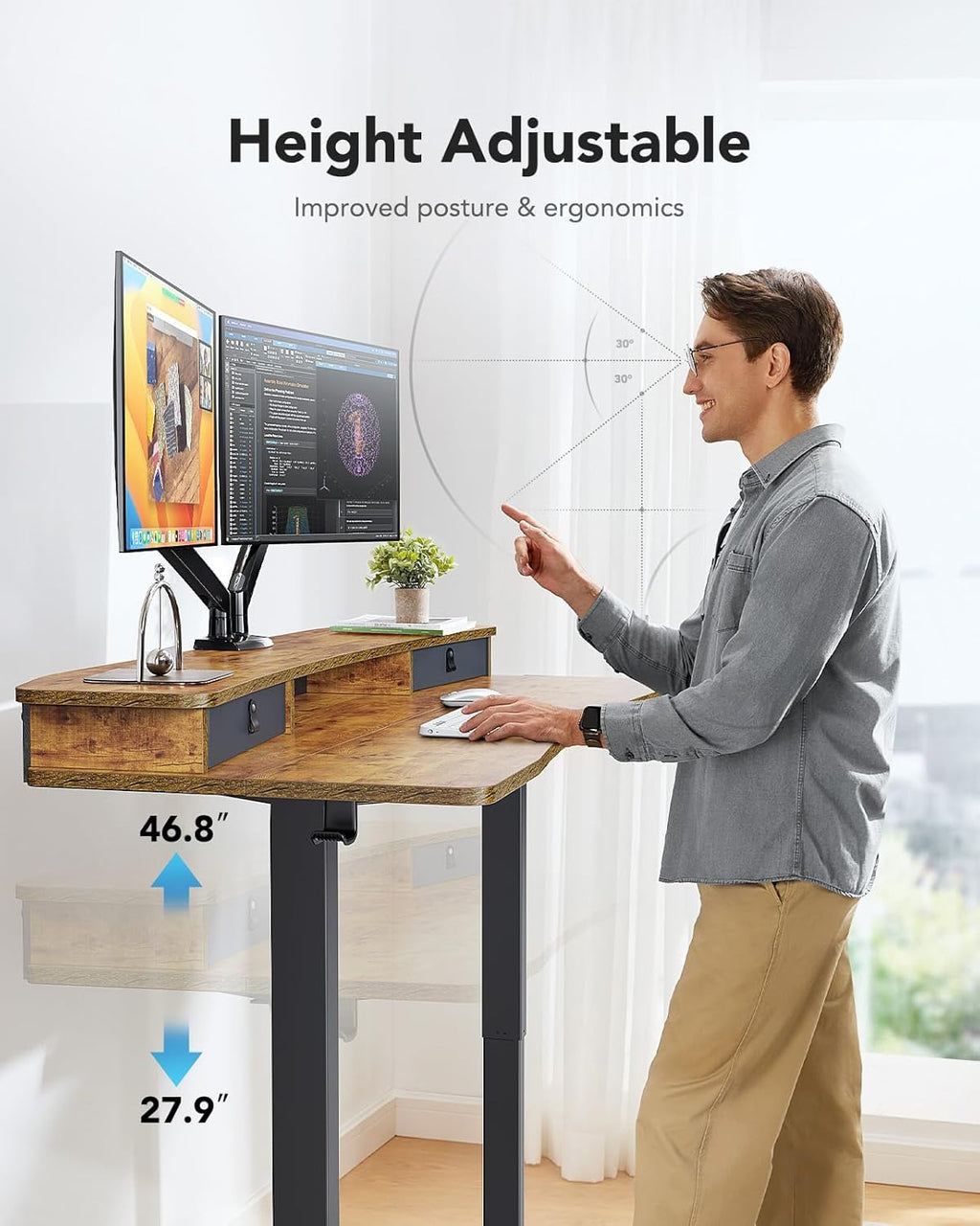 HUANUO 60″ x 30″ Electric Standing Desk with 2 Drawers, C-Clamp Mount Compatible, Height Adjustable Computer Desk, Home Office Stand Up Desk with 4 Preset Heights & 2 Hooks, Vintage Brown